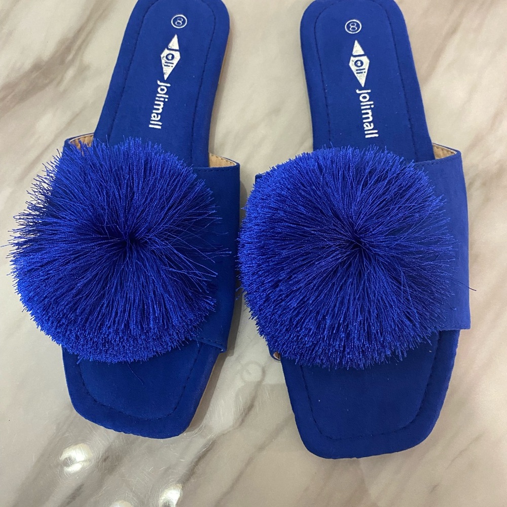 Navy Blue Fluffy Ball Flats